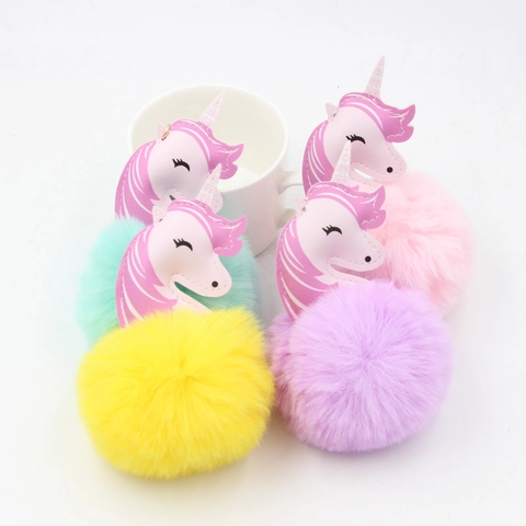 Cute Cartoon Unicorn Pom Pom Keychain Faux Leather Fur Bag Pendant Gold Alloy Keyring Decoration Gift For Women Girls