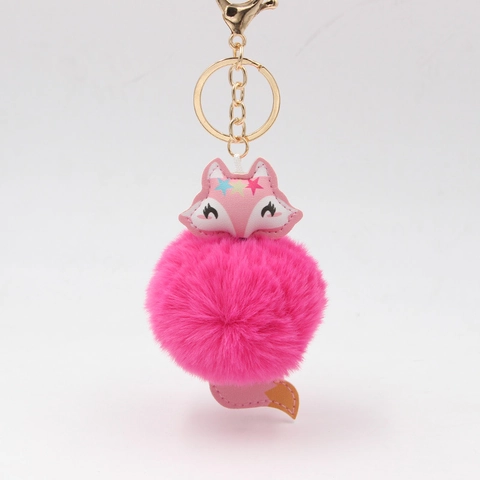 Lindo Llavero de Peluche de Zorro con Bola de Piel Sintética para Bolso de Mujer Colgante con Decoración de Estrellas de Cuero PU