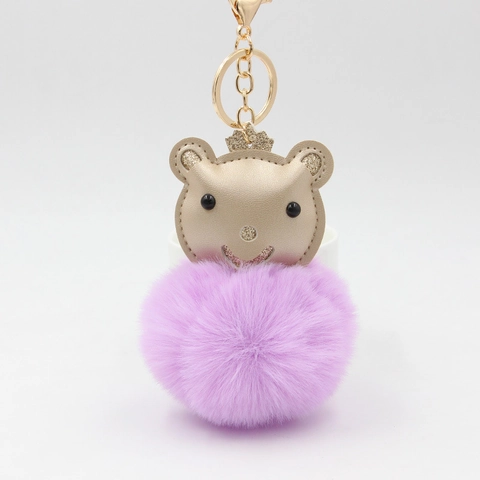 Cute Bear Faux Fur Ball Keychain With PU Leather Crown Bear Head Alloy Key Ring For Women Bag Charm Gift