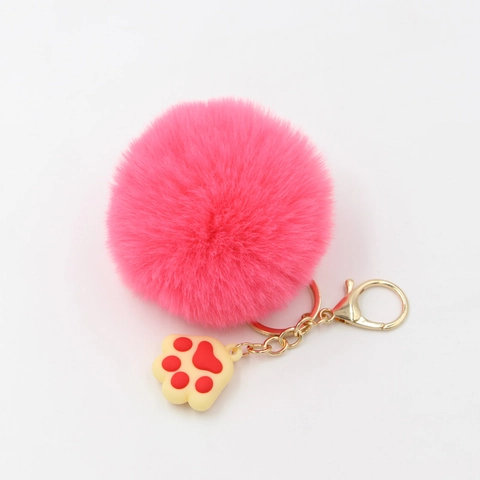Llavero de Pompón de Piel Sintética Lindo Con Colgante de Pata de Gato de Silicona Cierre de Mosquetón de Metal Dorado