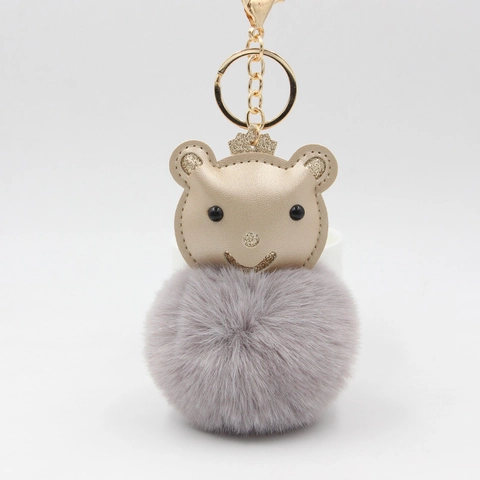 Cute Bear Faux Fur Ball Keychain With PU Leather Crown Bear Head Alloy Key Ring For Women Bag Charm Gift