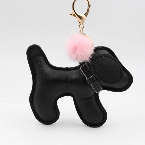 Simpatico Portachiavi in Pelle PU a Forma di Cane Ciondolo Creativo per Borsa con Sfera in Pelliccia Sintetica e Chiusura a Moschettone Dorata