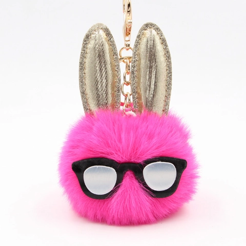 Cute Rabbit Ear Plush Pompom Keychain Sunglasses Sequin Bunny Ear Faux Fur Bag Pendant Charms For Women Girls Gift