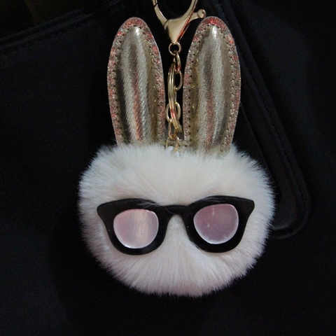 Cute Rabbit Ear Plush Pompom Keychain Sunglasses Sequin Bunny Ear Faux Fur Bag Pendant Charms For Women Girls Gift