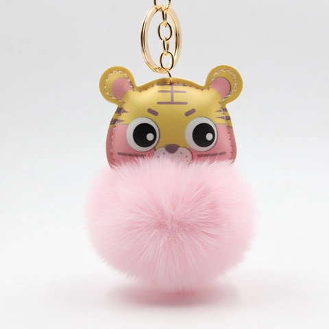 Schattige Cartoon Tijgerkop PU Leren Sleutelhanger Met Pluche Pompon Zachte Dierlijke Tas Hanger Auto Sleutelhanger Sieraden Cadeau