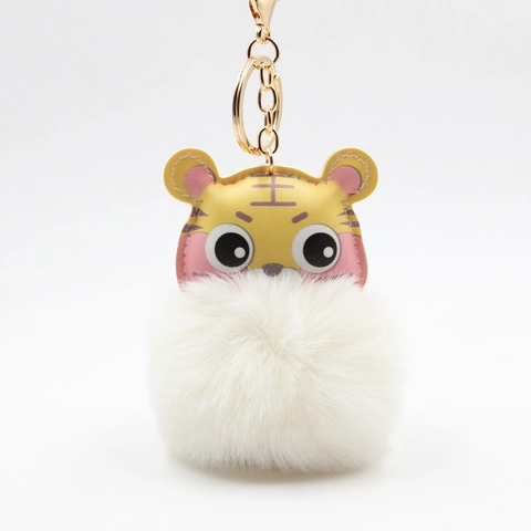 Schattige Cartoon Tijgerkop PU Leren Sleutelhanger Met Pluche Pompon Zachte Dierlijke Tas Hanger Auto Sleutelhanger Sieraden Cadeau