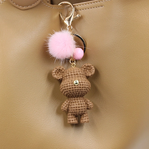 Cute Resin Knitted Texture Bear Rabbit Keychain With Plush Ball Bell Sweet Animal Bag Charm Hanging Decoration For Women Kids