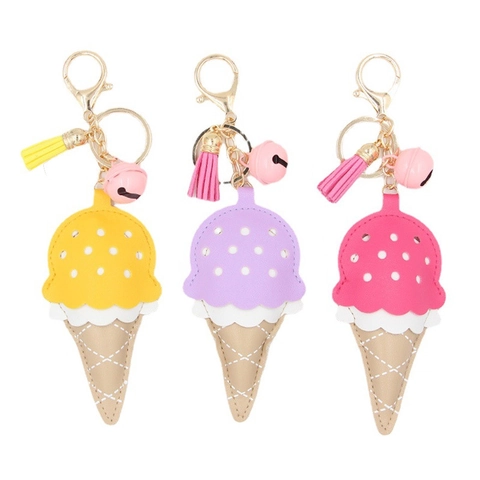 Lindo Llavero de Cuero PU de Cono de Helado Con Borla y Campana Colgante Para Bolsos de Mujer Accesorios de Llavero