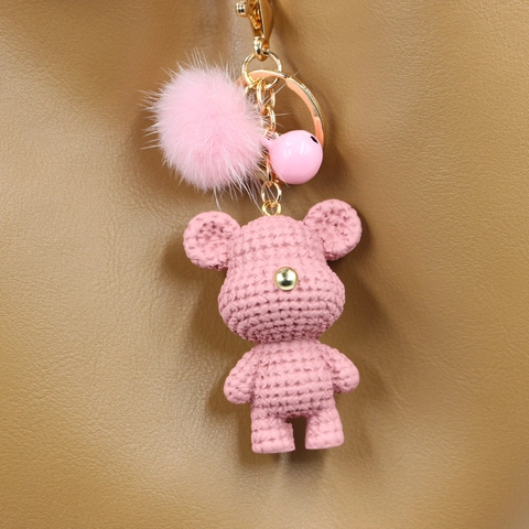 Cute Resin Knitted Texture Bear Rabbit Keychain With Plush Ball Bell Sweet Animal Bag Charm Hanging Decoration For Women Kids