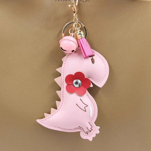 Portachiavi in Pelle PU Dinosauro Cartone Animato Con Nappina Campanello Carino Animale Ciondolo Borsa Accessorio Auto Unisex