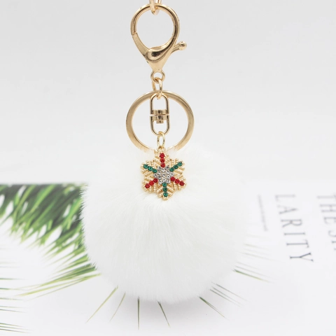 Christmas Snowflake Fur Ball Keychain Soft Polyester Pompom Bag Pendant Rhinestone Charm Keyring For Women Girls Festive Gift