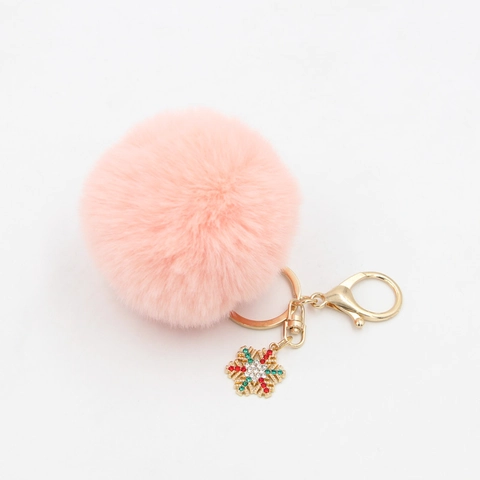 Christmas Snowflake Fur Ball Keychain Soft Polyester Pompom Bag Pendant Rhinestone Charm Keyring For Women Girls Festive Gift