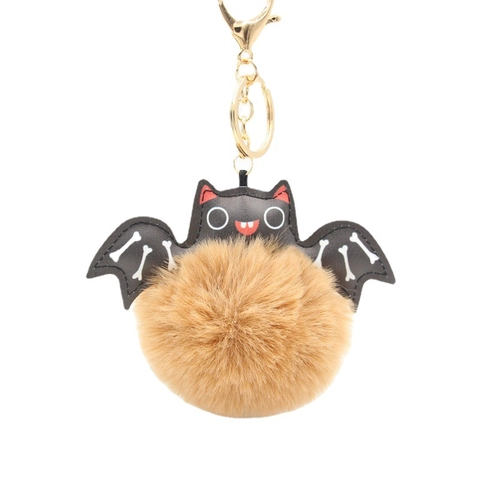 Halloween Fledermaus Pompon Schlüsselanhänger Für Damen Plüsch Tasche Anhänger Kunstleder Flügel Knochen Druck Süße Gothic Ornament Geschenk