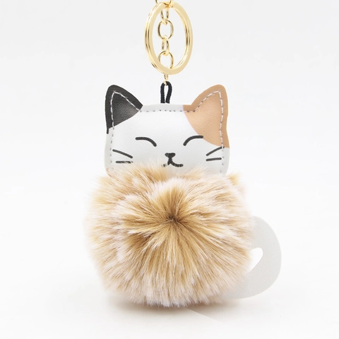Schattige Cartoon Kat Pluche Bontbal Sleutelhanger Kunstleren Gestikt Gezicht Tas Hanger Auto Sleutelhanger Khaki Vorst Cadeau