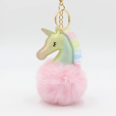 Creative Gradient Unicorn Plush Ball Keychain With Rainbow Mesh Lace Soft Faux Fur Bag Pendant Keychain For Women Kids Gift