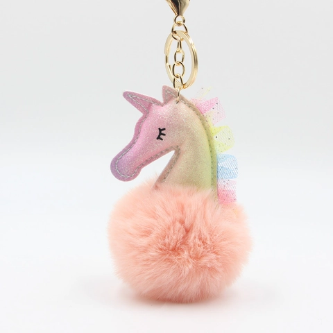 Creative Gradient Unicorn Plush Ball Keychain With Rainbow Mesh Lace Soft Faux Fur Bag Pendant Keychain For Women Kids Gift