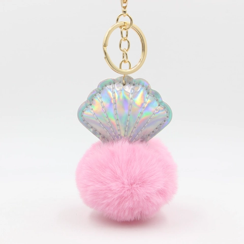 Llavero Creativo de Concha Holográfica y Pompon para Mujer Colgante de Bolso de Piel Sintética con Anillo de Metal Dorado Decoración