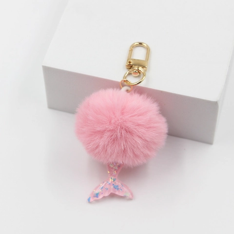 Mermaid Tail Plush Pom-pom Keychain Cute Colorful Sequins Resin Charm For Women Bag Backpack Hanging Decoration Accessory