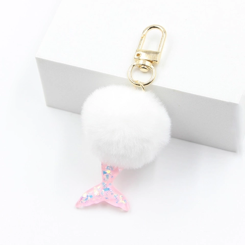 Mermaid Tail Plush Pom-pom Keychain Cute Colorful Sequins Resin Charm For Women Bag Backpack Hanging Decoration Accessory