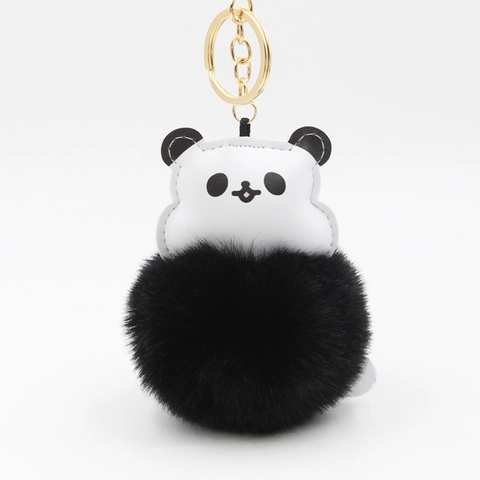 Creative Cartoon Panda PU Leather Pom Pom Keychain Plush Faux Fur Ball Bag Hanging Ornament For Women Car Key Ring