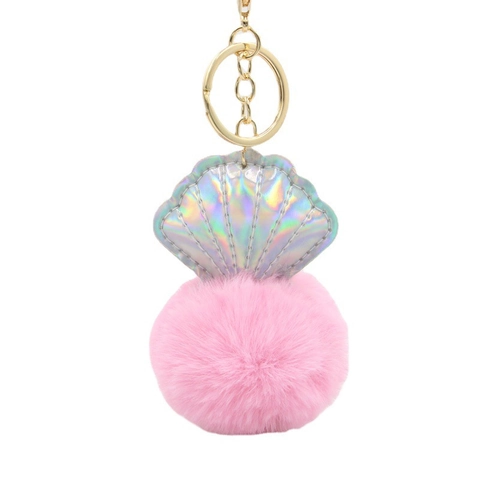 Llavero Creativo de Concha Holográfica y Pompon para Mujer Colgante de Bolso de Piel Sintética con Anillo de Metal Dorado Decoración