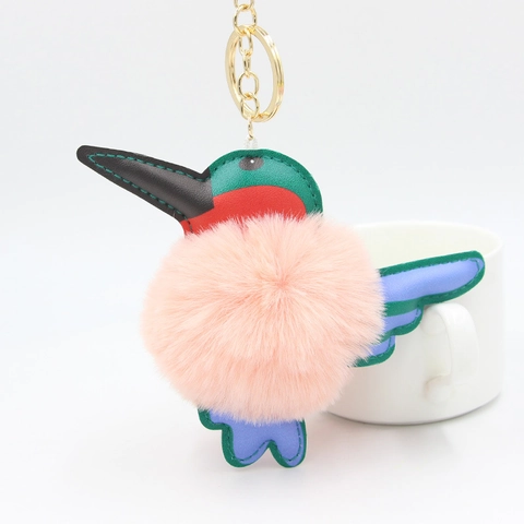 Portachiavi Creativo a Forma di Colibrì in Peluche Pompon Per Donna Patchwork in Pelle PU Ciondolo Borsa Uccello Decorazione Auto Anello Animali