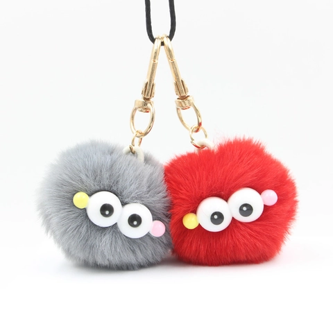 Porte-Clés Boule de Peluche Grands Yeux Dessin Animé Pompon en Fausse Fourrure Charme de Sac Avec Fermoir en Métal Accessoire