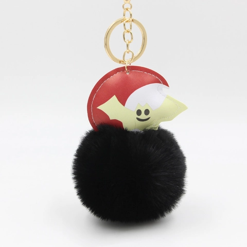 Halloween Bat Plush Ball Keychain Faux Fur Pom Pom Bag Pendant PU Leather Smile Bat Gold Metal Key Ring Charm For Women