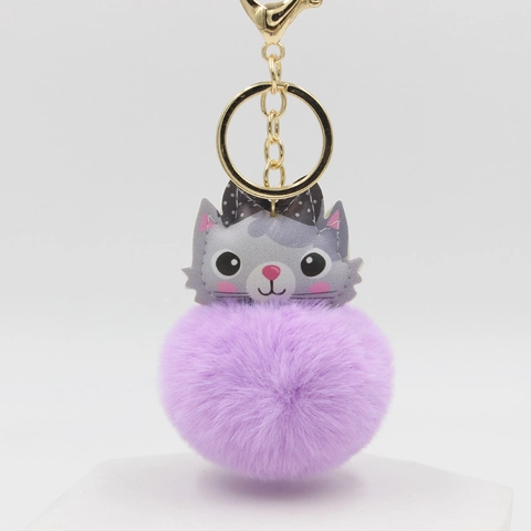 Cute Cartoon Cat Plush Ball Keychain With Polka Dot Bow Faux Fur Alloy Keyring Bag Charm For Women Girls Backpack Decoration