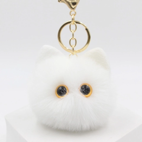 Schattige Pluche Kattenkop Sleutelhanger Nepbont Bal Tas Hanger Gouden Legering Karabijnsluiting Auto Accessoires Vrouwen Meisjes