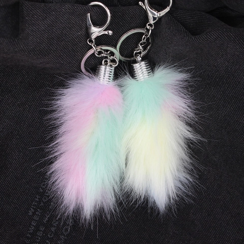 Rainbow Gradient Faux Fur Fox Tail Keychain Pendant For Bags Women Fashion Plush Keyring Accessories Colorful Tail Decor