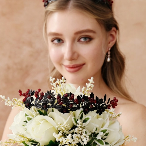 Gothic Vintage Halloween Crystal Flower Headband For Women Black Red Crystal Leaf Branch Crown Hair Accessory For Masquerade Party