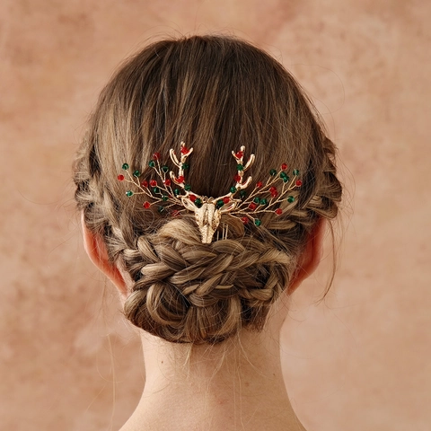 Pettine per Capelli a Forma di Corna di Renna di Natale per Donna in Lega Dorata Strass Rossi Verdi Copricapo per Feste Balli Accessori per Capelli Fatti a Mano