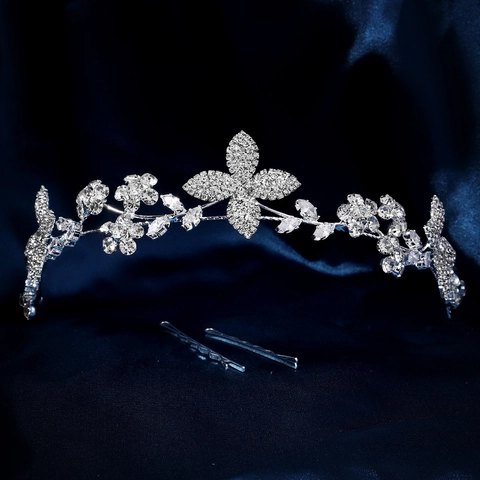 Elegante Enredadera de Pelo de Novia Color Plata con Flores Hojas y Diamantes de Imitación Diadema de Boda con Horquillas