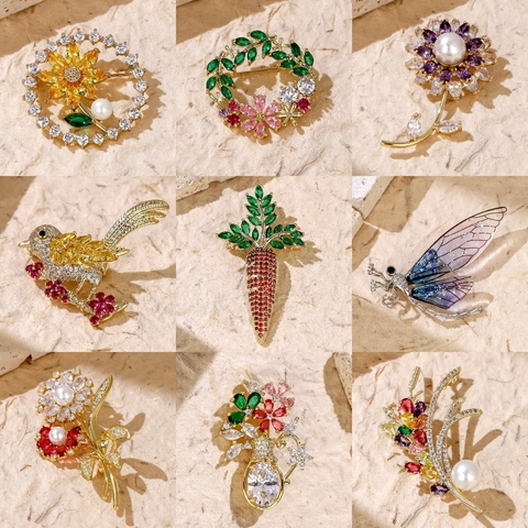 Vintage Waldstil Zirkonia Blume Brosche Für Damen High Sense Weizenähre Künstliche Perle Legierung Brosche Pin Für Hochzeit Abendessen Party Schmuck