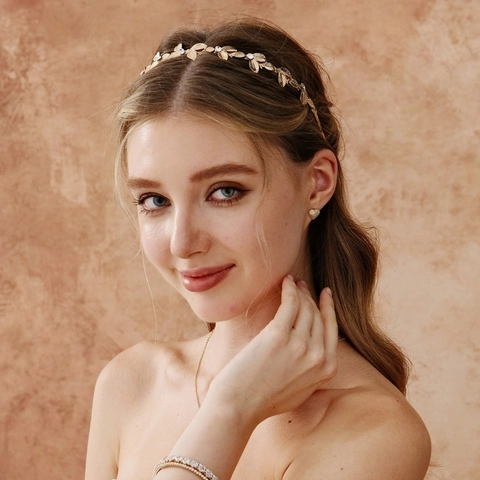 Cerchietto a Foglia d'Oro Vintage per Donna Elegante Lega Strass Perla Artificiale Copricapo da Sposa Accessori per Capelli Matrimonio