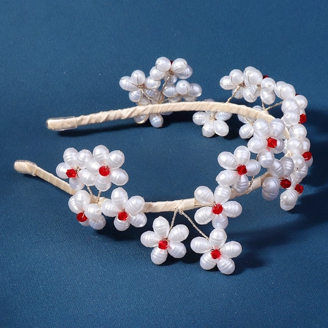 Eleganter Handgefertigter Künstlicher Perlen Blumen Haarreif Für Damen Übertriebener Hochzeit Braut Haarschmuck Mit Roter Acrylkristall