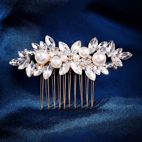 Elegante Pettine per Capelli da Sposa in Lega d'Oro Con Strass e Perla Artificiale Copricapo a Foglia per Matrimonio Festa Donna