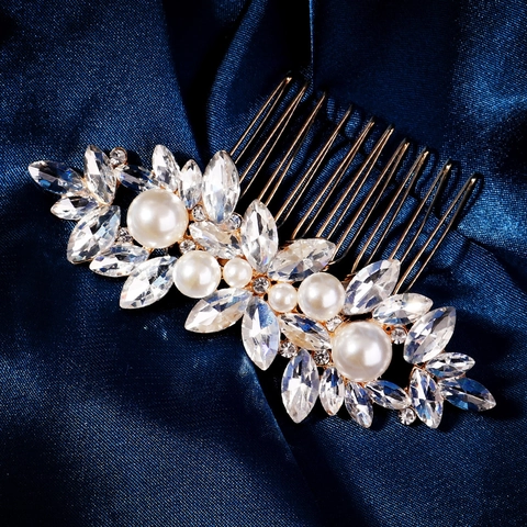 Elegante Pettine per Capelli da Sposa in Lega d'Oro Con Strass e Perla Artificiale Copricapo a Foglia per Matrimonio Festa Donna