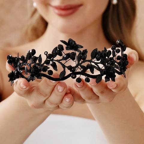 Cerchietto Gotico Nero Con Fiori Ramo di Metallo Corona di Cristallo per Halloween Festa in Maschera Copricapo con Strass Donna