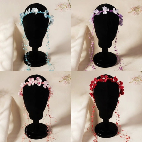 Diadema Floral Dulce Con Borla de Perlas Artificiales Larga Aro de Pelo de Tela para Niños Boda Niña de Flores Actuación Accesorio Pelo