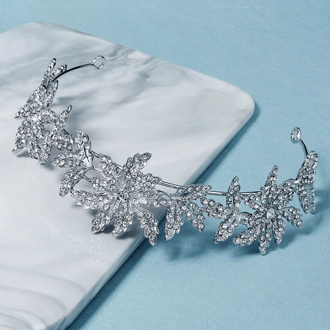Western Vintage Luxuriös Legierung Strass Blume Blatt Braut Krone Silber Damen Hochzeit Geburtstag Party Kopfschmuck