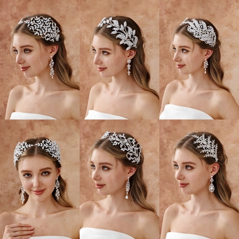 Serre-tête de Mariée de Luxe pour Femmes Alliage Argent Zirconia Strass Feuille Branche Couronne Accessoire Cheveux Mariage