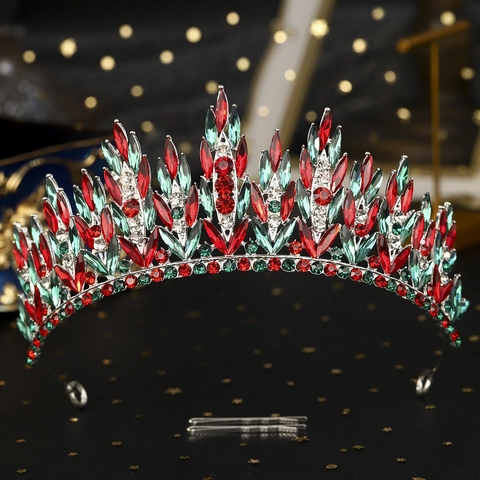 Luxus Weihnachten Rot Grün Strass Tiara Legierung Kristall Blatt Krone Für Damen Party Hochzeit Kopfschmuck