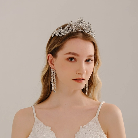 Elegante Tiara Corona in Lega con Strass Foglia Sposa Matrimonio Compleanno Accessorio per Capelli Argento Cristallo Copricapo