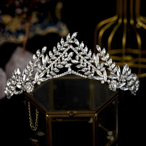 Elegante Tiara Corona in Lega con Strass Foglia Sposa Matrimonio Compleanno Accessorio per Capelli Argento Cristallo Copricapo