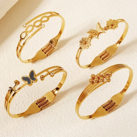 Bracciale Rigido alla Moda in Acciaio Inossidabile con Apertura a Molla Placcato Oro Farfalla Cuore Strass Donna