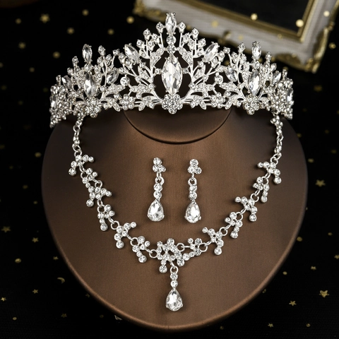 Luxury Alloy Rhinestone Bridal Crown Jewelry Set Including Tiara Necklace And Earrings For Wedding Party Women Accessories