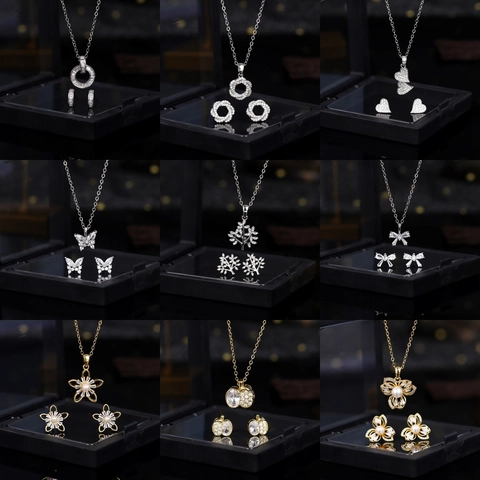 Zirconia Necklace And Earrings For Women Gold Silver Heart Flower Butterfly Tree Of Life Pendant Commuting Jewelry Gift
