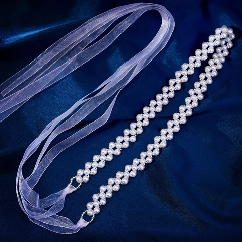 Elegante Catena in Vita a Doppia Fila di Perle Artificiali Cintura Con Perline Manuali e Nastro di Organza per Abito Sposa